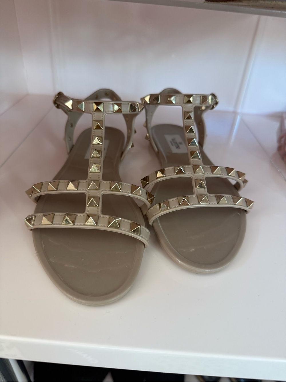 Valentino Rockstud T-Strap Sandals in Taupe and Gold